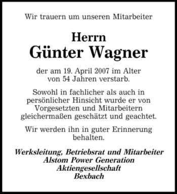 Traueranzeige von Günter Wagner von Tageszeitung
