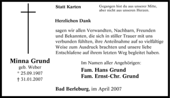Traueranzeige von Minna Grund von Tageszeitung