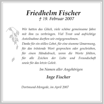 Traueranzeige von Friedhelm Fischer von Tageszeitung