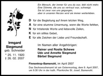 Traueranzeige von Irmgard Siegmund von Tageszeitung