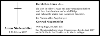 Traueranzeige von Anton Niedernhöfer von Tageszeitung