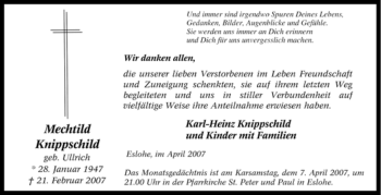 Traueranzeige von Mechtild Knippschild von Tageszeitung