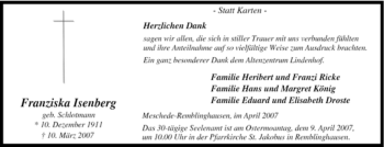 Traueranzeige von Franziska Isenberg von Tageszeitung