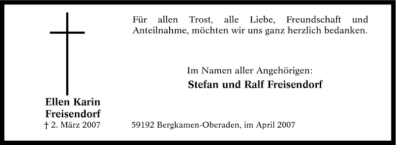  Traueranzeige für Ellen Karin Freisendorf vom 02.04.2007 aus Tageszeitung