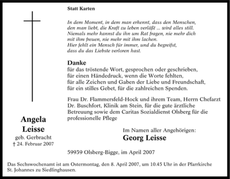  Traueranzeige für Angela Leisse vom 02.04.2007 aus Tageszeitung
