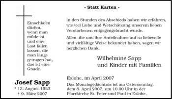 Traueranzeige von Josef Sapp von Tageszeitung