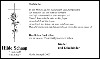 Traueranzeige von Hilde Schaap von Tageszeitung