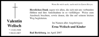 Traueranzeige von Valentin Welisch von Tageszeitung
