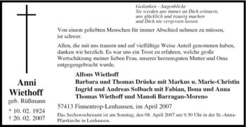 Traueranzeige von Anni WIethoff von Tageszeitung