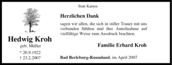 Traueranzeige von Hedwig Kroh von Tageszeitung
