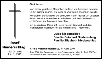 Traueranzeige von Josef Niederschlag von Tageszeitung