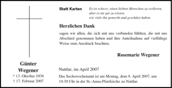 Traueranzeige von Günter Wegener von Tageszeitung
