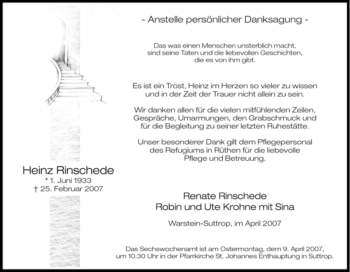 Traueranzeige von Heinz Rinschede von Tageszeitung