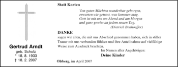 Traueranzeige von Gertrud Arndt von Tageszeitung