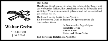 Traueranzeige von Walter Grebe von Tageszeitung