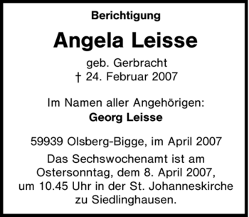 Traueranzeige von Angela Leisse von Tageszeitung