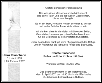 Traueranzeige von Heinz Rinschede von Tageszeitung