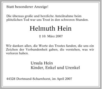 Traueranzeige von Helmuth Hein von Tageszeitung