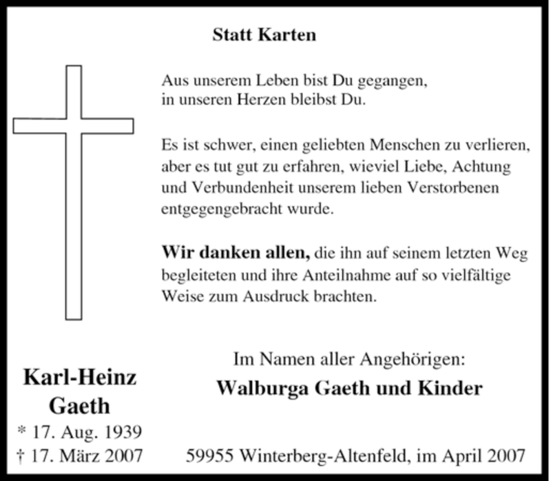 Traueranzeige für Karl-Heinz Gaeth vom 04.04.2007 aus Tageszeitung
