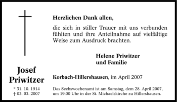 Traueranzeige von Josef Priwitzer von Tageszeitung