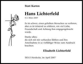 Traueranzeige von Hans Lichterfeld von Tageszeitung