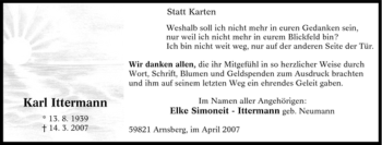 Traueranzeige von Karl Ittermann von Tageszeitung