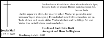 Traueranzeige von Josefa Mail von Tageszeitung