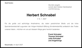 Traueranzeige von Herbert Schnabel von Tageszeitung