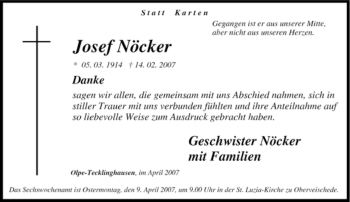 Traueranzeige von Josef Nöcker von Tageszeitung
