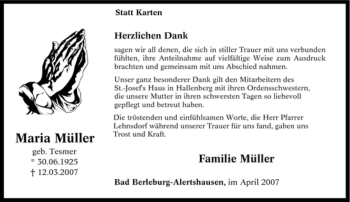 Traueranzeige von Maria Müller von Tageszeitung
