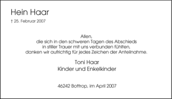 Traueranzeige von Hein Haar von Tageszeitung