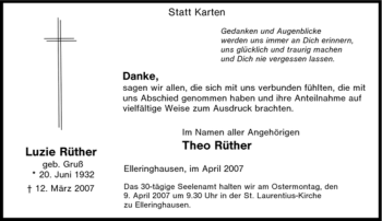 Traueranzeige von Luzie Rüther von Tageszeitung