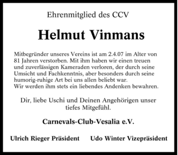 Traueranzeige von Helmut Vinmans von Tageszeitung