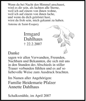 Traueranzeige von Irmgard Dahlhaus von Tageszeitung