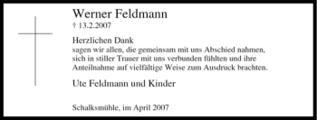 Traueranzeige von Werner Feldmann von Tageszeitung