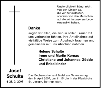 Traueranzeige von Josef Schulte von Tageszeitung