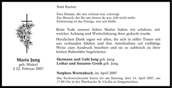 Traueranzeige von Maria Jung von Tageszeitung