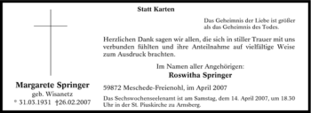 Traueranzeige von Margarete Springer von Tageszeitung