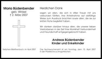 Traueranzeige von Maria Büdenbender von Tageszeitung