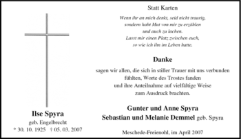 Traueranzeige von Ilse Spyra von Tageszeitung