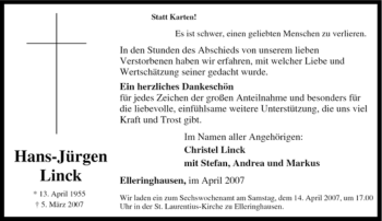 Traueranzeige von Hans-Jürgen Linck von Tageszeitung