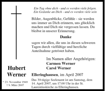 Traueranzeige von Hubert Werner von Tageszeitung