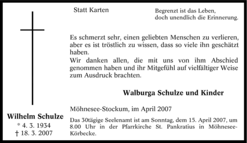  Traueranzeige für Wilhelm Schulze vom 07.04.2007 aus Tageszeitung