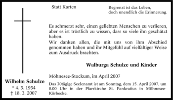 Traueranzeige von Wilhelm Schulze von Tageszeitung