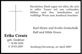 Traueranzeige von Erika Creutz von Tageszeitung