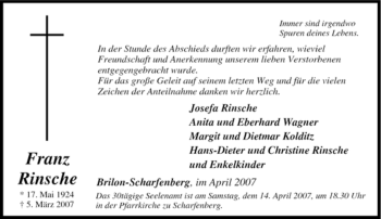 Traueranzeige von Franz Rinsche von Tageszeitung