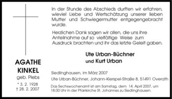 Traueranzeige von Agathe Kinkel von Tageszeitung