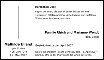 Traueranzeige von Mathilde Biland von Tageszeitung