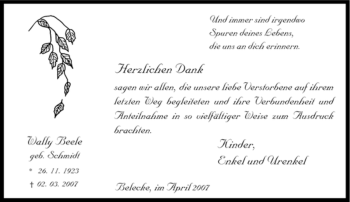 Traueranzeige von Wally Beele von Tageszeitung