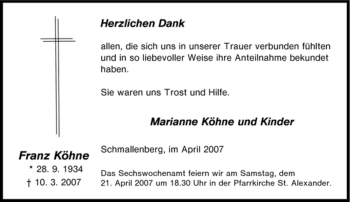 Traueranzeige von Franz Köhne von Tageszeitung